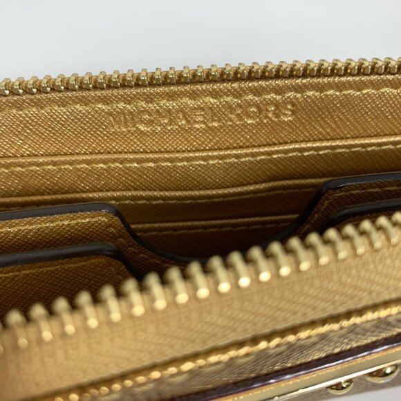 MICHAEL KORS MK Logo Gold Leather Zip Around Jet Set Wallet Wristlet Clutch - Picture 6 of 10